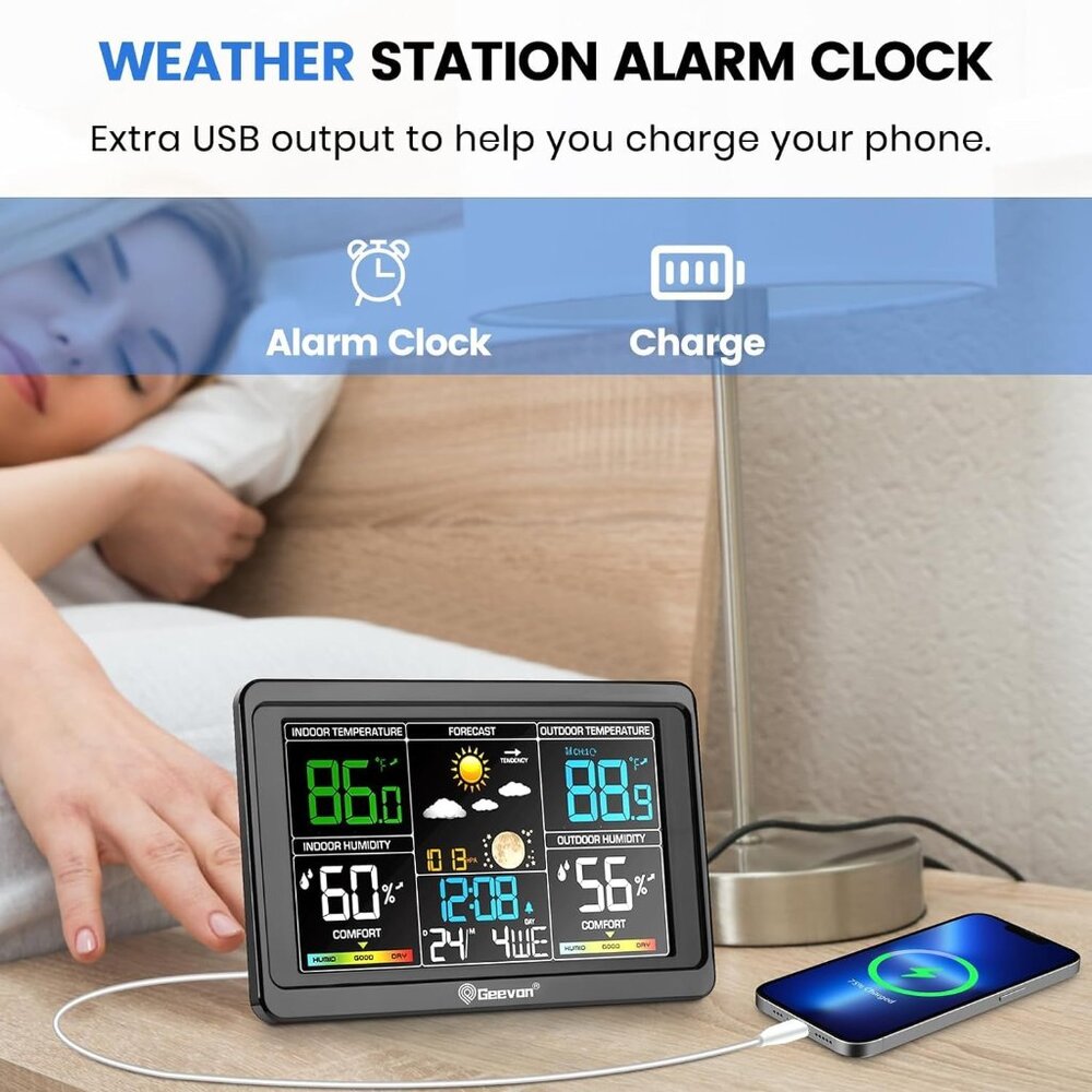 Wireless Indoor Outdoor Weather Station with Color Display, Digital Thermometer - Picture 3 of 9
